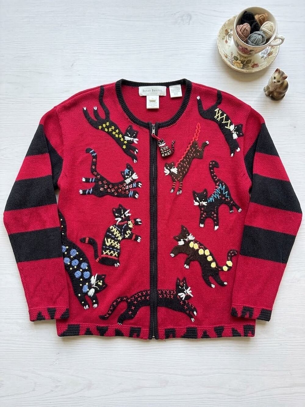 Vintage Susan Bristol Cat Cardigan Sweater Hand Embroidered Red Striped Gorp L